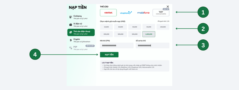 Hướng dẫn nạp tiền febet qua thẻ cào điện thoại