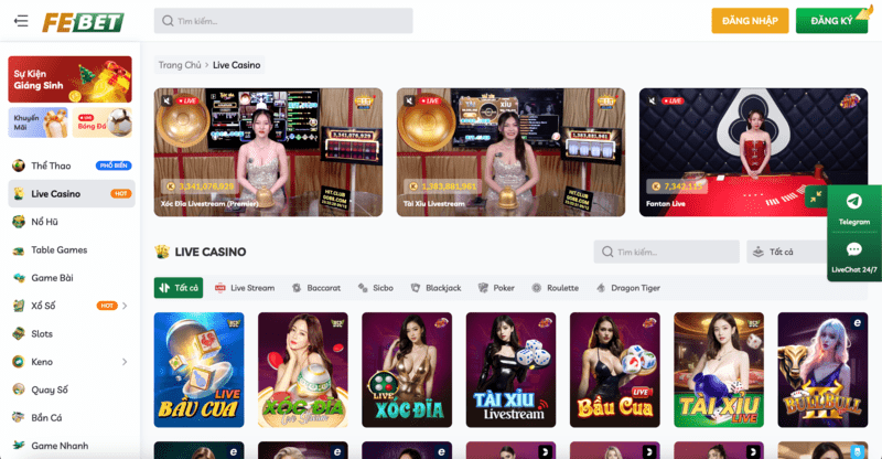 Sảnh Casino Livestream FEBET liên kết nhiều nhà cung cấp uy tín