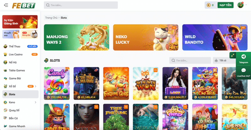 Sảnh Slot Games và Jacepot FEBET TỶ ĐÔ